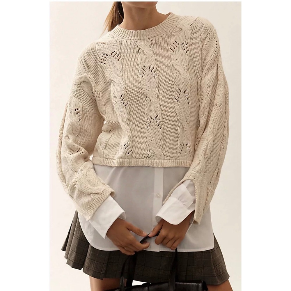Pilcro Anthropologie Twofer Cable Knit Layered Sweater Ivory 2X Plus NWT Preppy